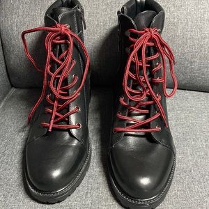 Vince Camuto size 8.5 wide, black leather ankle combat style boots, 2 1/2” heel.